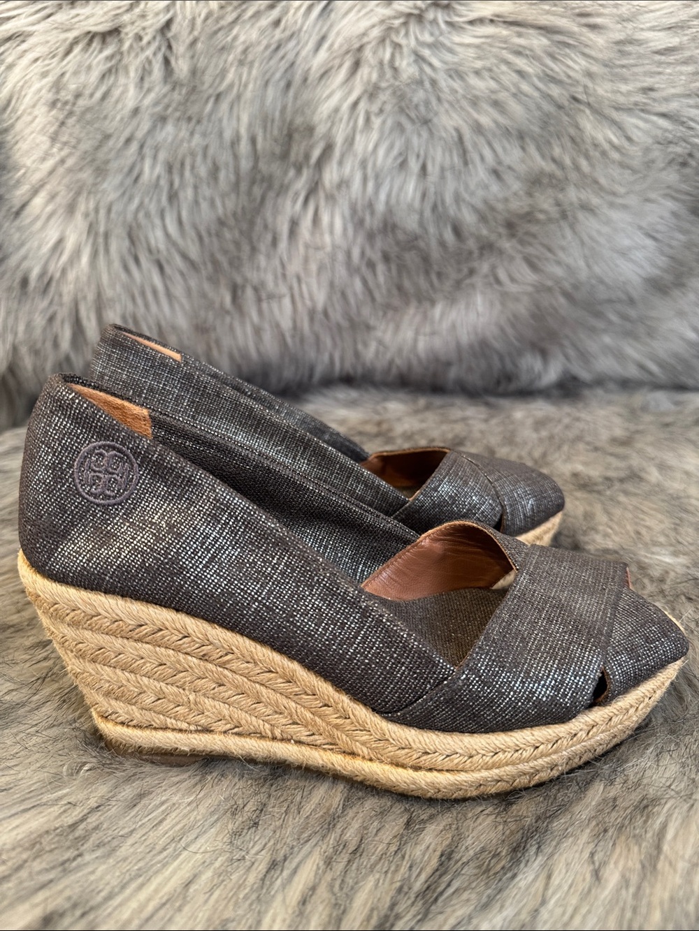 Tory Burch Metallic Gray Espadrille Wedge Peep-Toe Size 5.5
